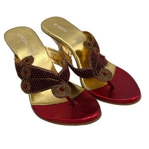 E-Elite Heeled Sandals Women 7 Red Gold Beaded Y2K Vintage Metallic Kitten Heel